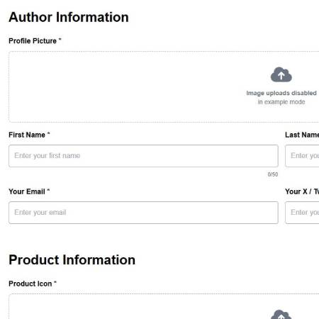 SaaS submission form interface preview showing input fields for product details